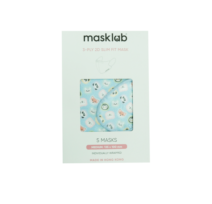 Animal Stickers 3-ply 2D Slim Fit Mask - M Size (New Box of 5, Individually-wrapped)